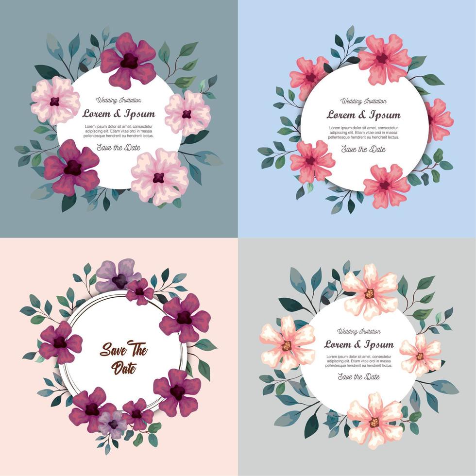 greeting cards with flowers, wedding invitations with flowers with branches and leaves decoration vector