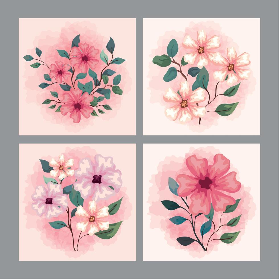 conjunto de decoración, flores con ramas y hojas, decoración natural vector