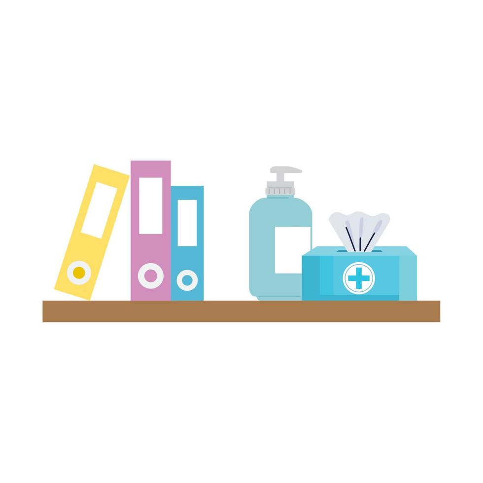 bottle sanitizer with box tissue and books in shelving vector