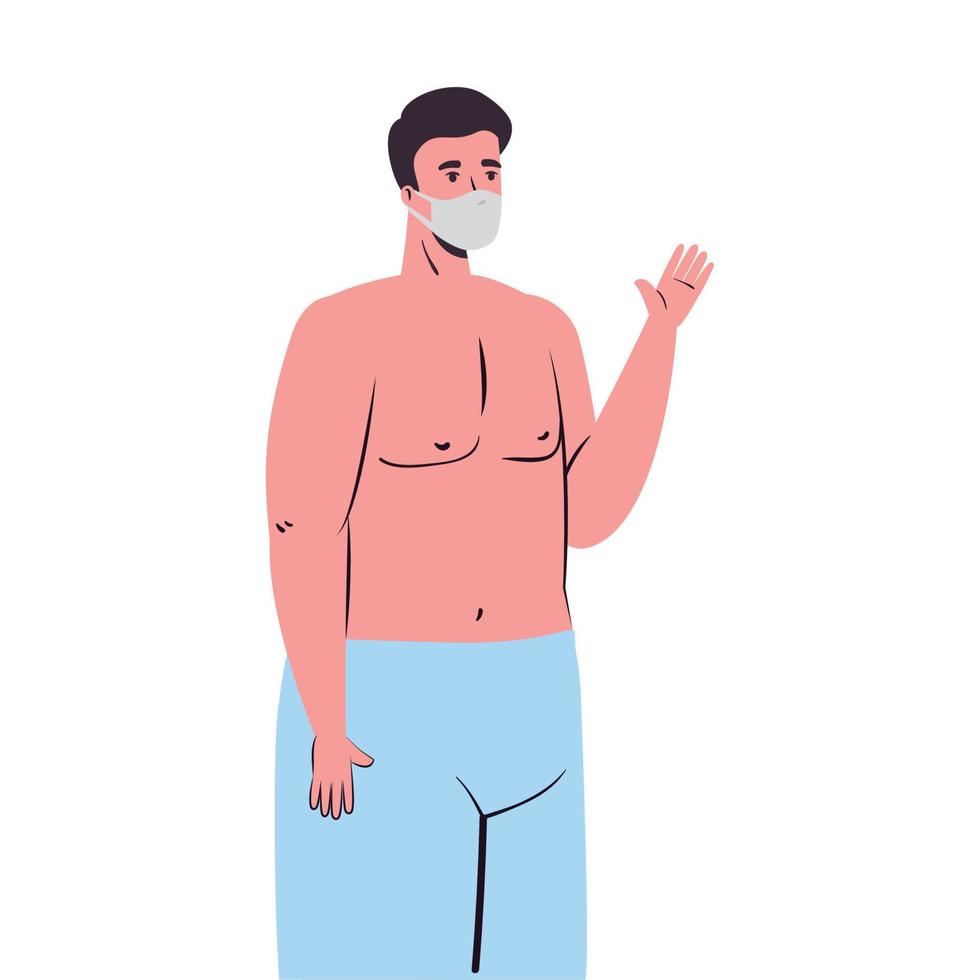 Man cartoon with swimsuit and medical mask on towel vector design