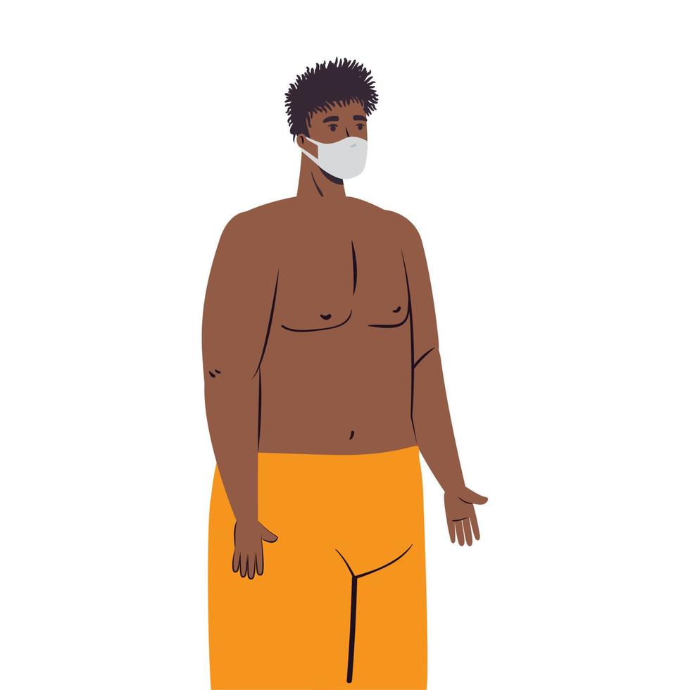 Hombre de dibujos animados con traje de baño y máscara médica en diseño vectorial de toalla vector