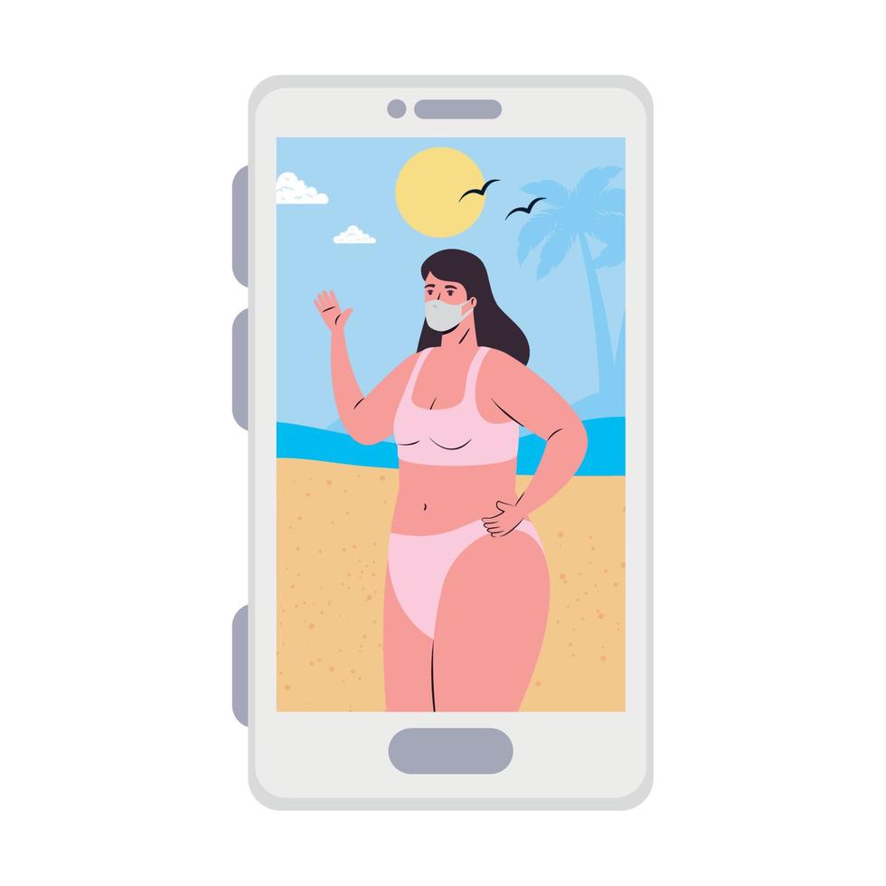 Chica con bikini y máscara en la playa en smartphone en diseño vectorial de video chat vector