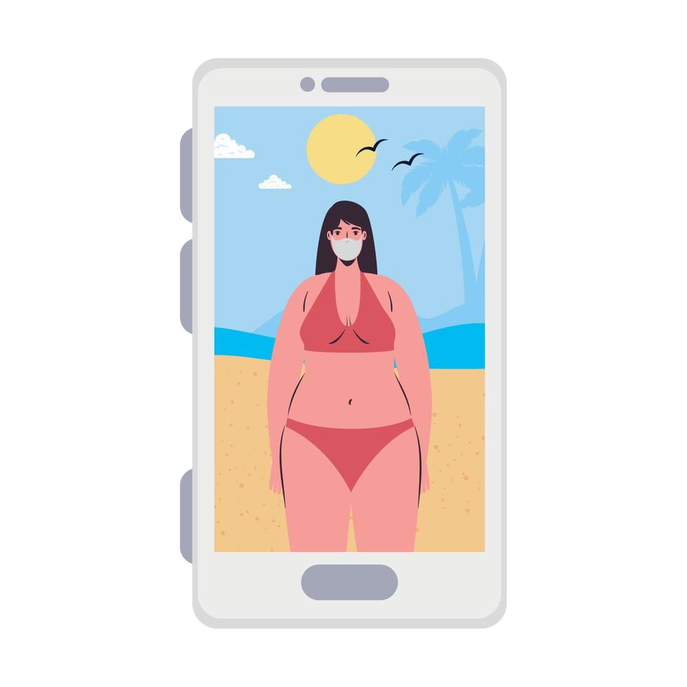 Girl with bikini and mask at the beach in smartphone in video chat vector design