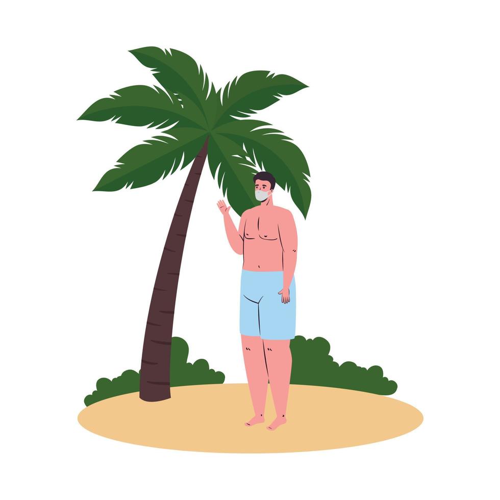 Man cartoon with swimsuit and medical mask at beach vector design
