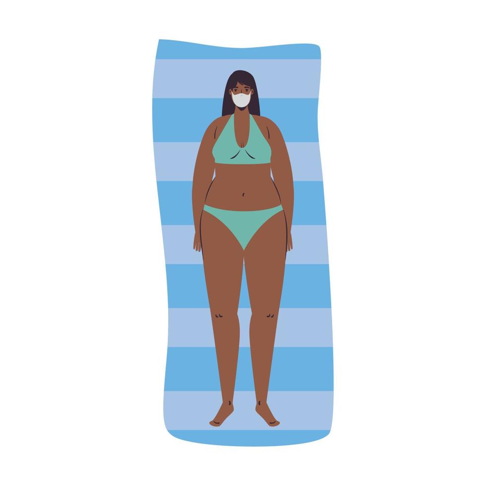 Girl cartoon with bikini and medical mask on towel vector design