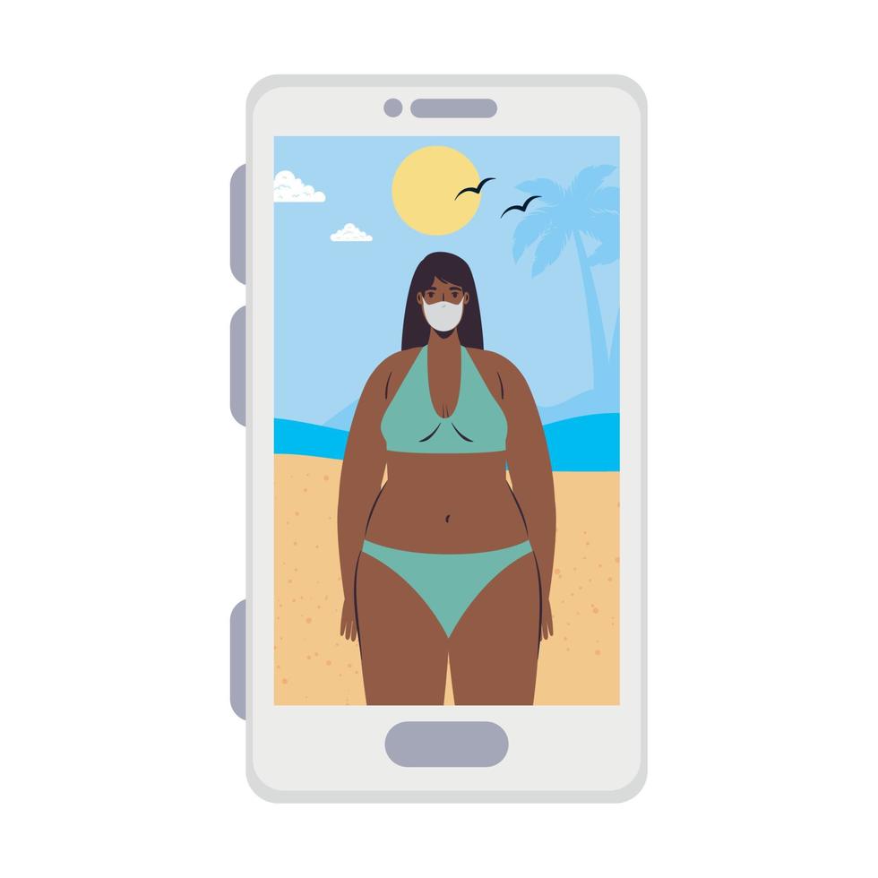 Girl with bikini and mask at the beach in smartphone in video chat vector design