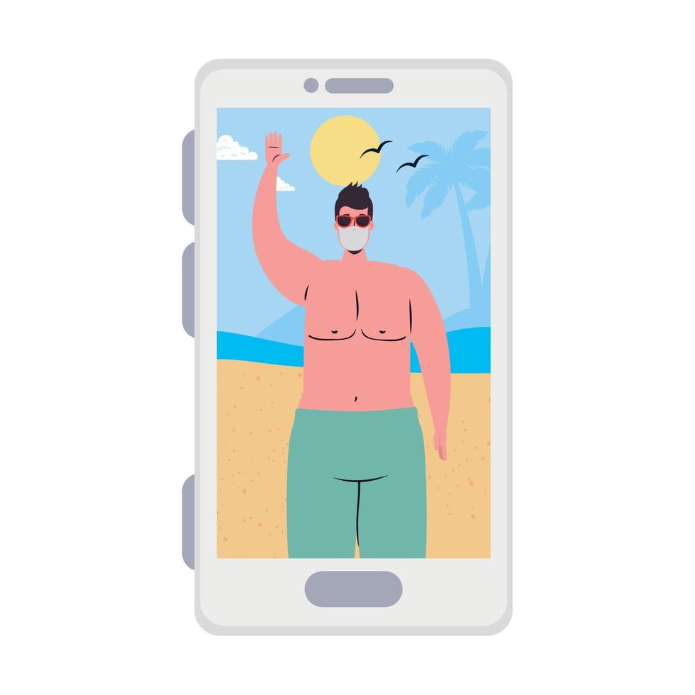 Hombre con traje de baño y máscara en la playa en smartphone en diseño vectorial de video chat vector