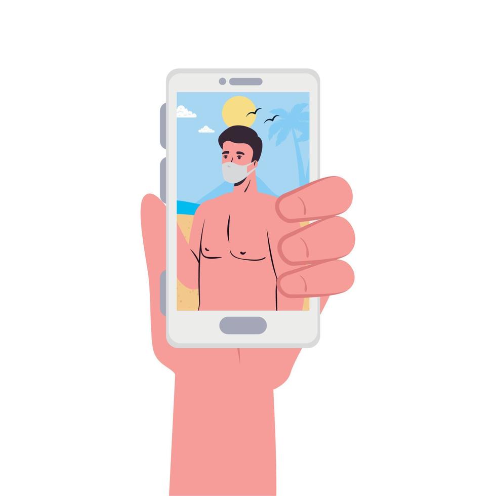 Hand holding smartphone and man with mask at the beach in video chat vector design