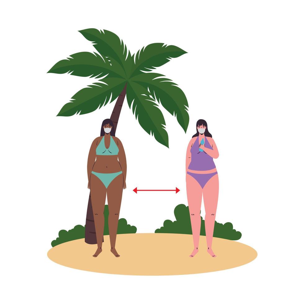 distanciamiento social entre chicas con bikinis y máscaras en el diseño de vectores de playa