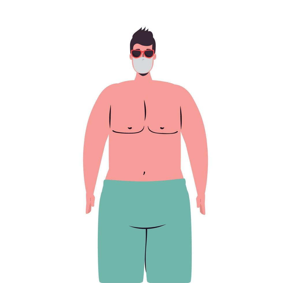 Man cartoon with swimsuit medical mask and glasses vector design