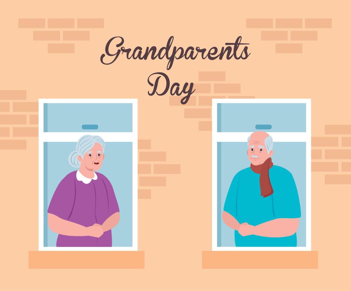 happy grand parents day with cute older couple watching by the window vector