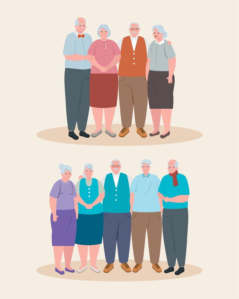 lindos ancianos, grupo de abuelas y abuelos vector