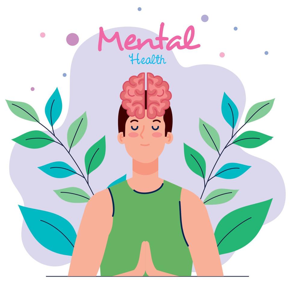 concepto de salud mental, con el hombre meditando con decoración de hojas vector