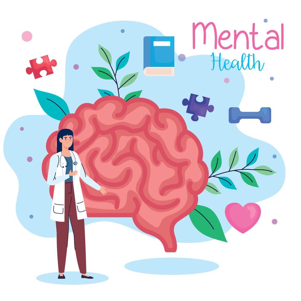 mental health medical treatment, doctor female with brain and health icons vector