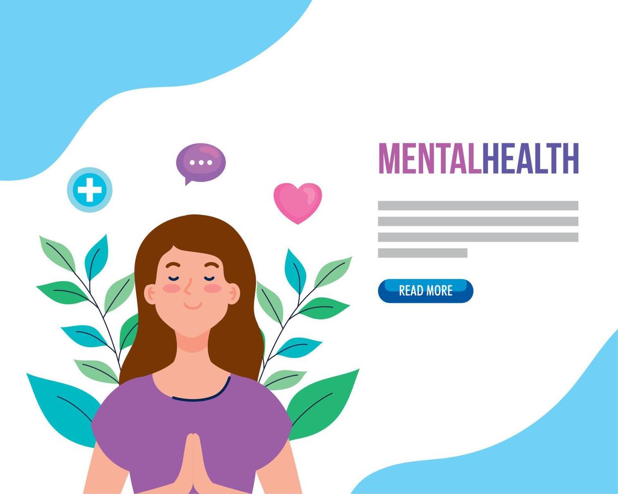pancarta de salud mental y mujer meditando con íconos de salud vector