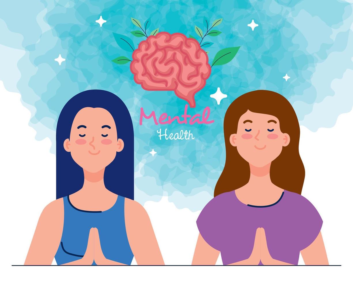 mental health concept, and women meditating with brain human vector