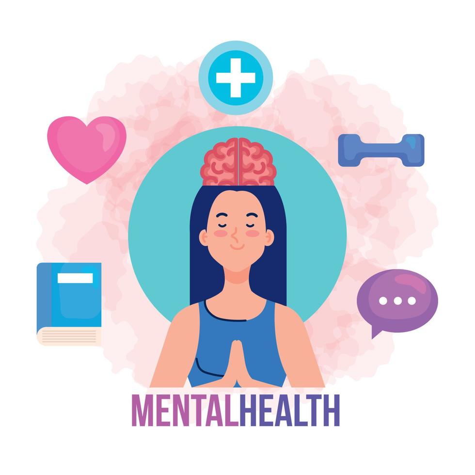 mental health concept, and woman meditating with health icons vector