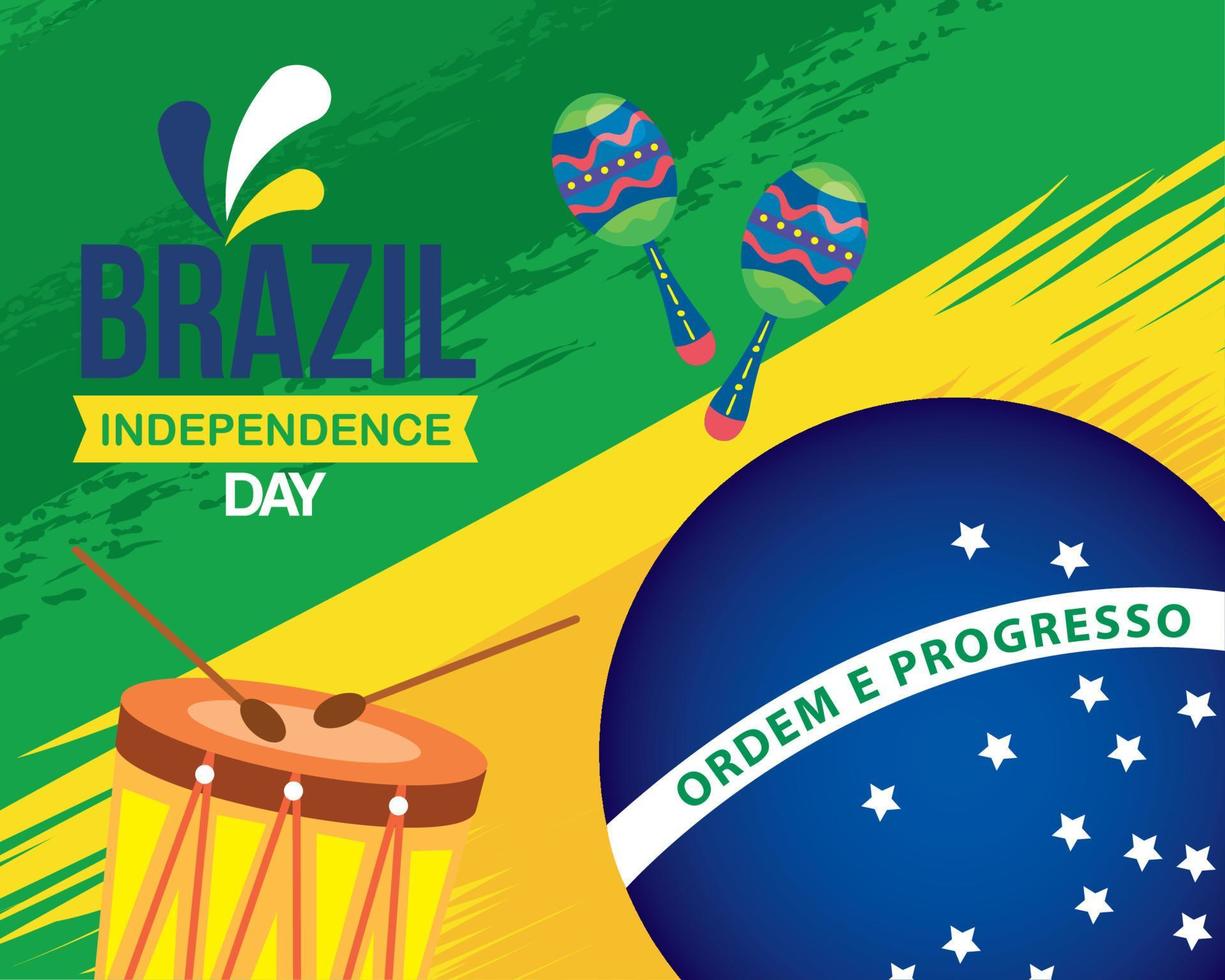 7 september, celebration brazil independence day with drum and maracas vector