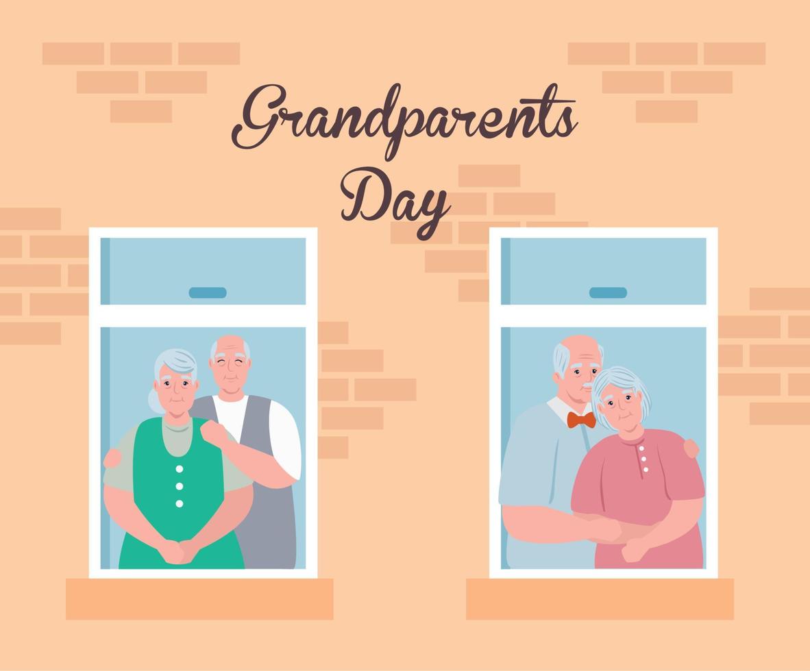 feliz día de los abuelos con lindos ancianos mirando por la ventana vector