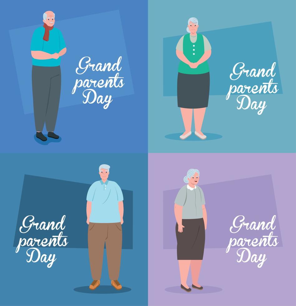 set cards of happy grand parents day with cute old people vector