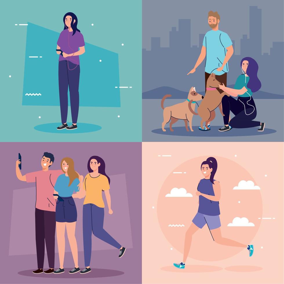 set scenes, young people performing leisure outdoor activities vector