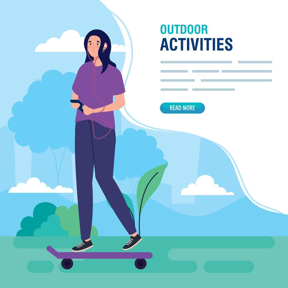 pancarta, mujer realizando actividades de ocio al aire libre, mujer joven en patineta vector