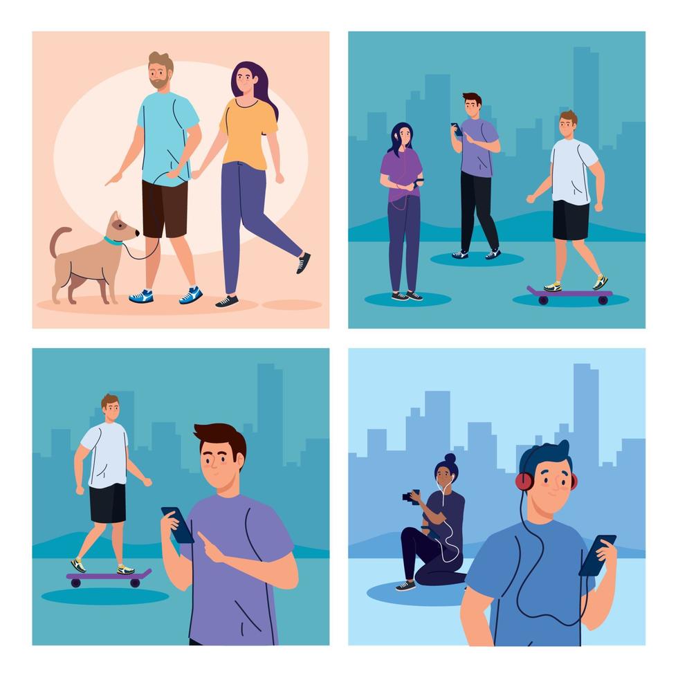 set scenes, young people performing leisure outdoor activities vector