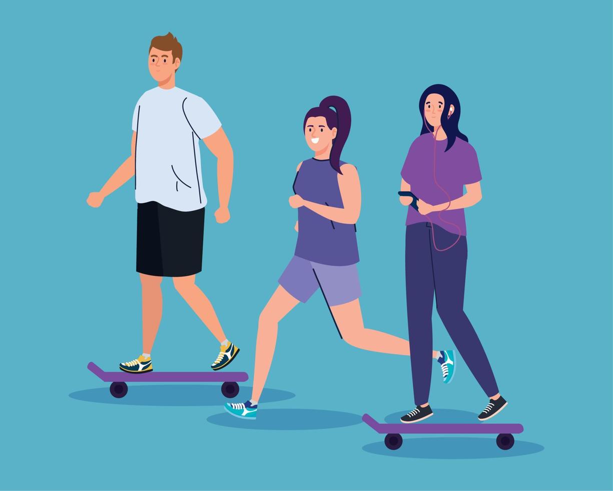 jóvenes realizando actividades, pareja en patineta y mujer corriendo vector