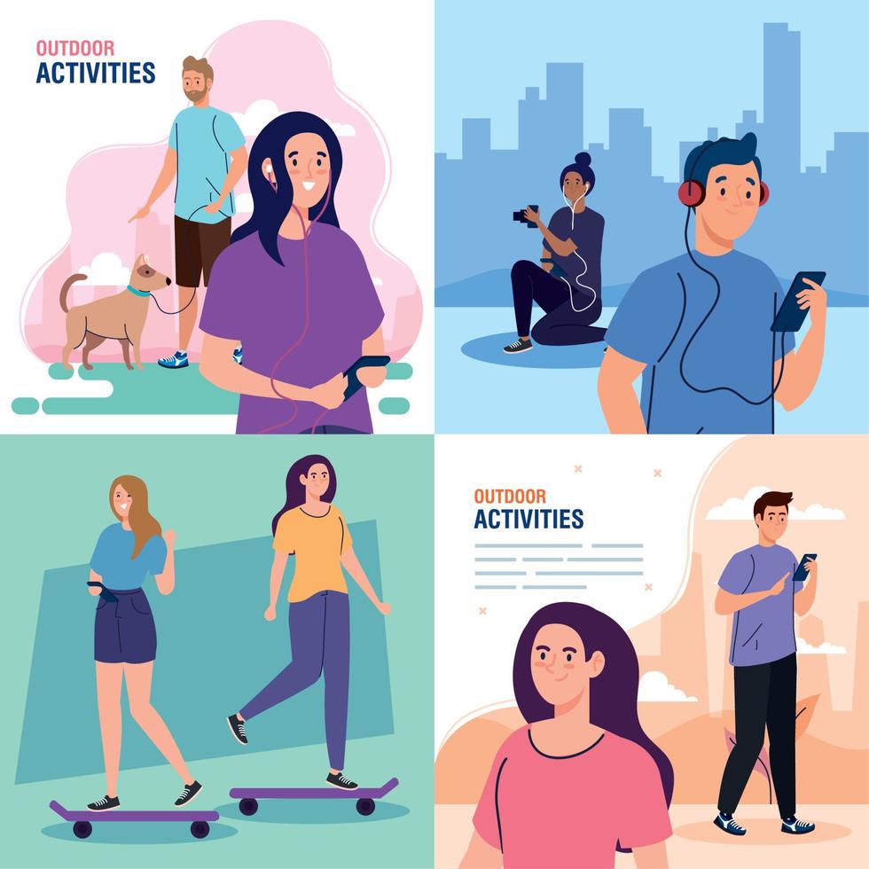 set of banners, young people performing leisure outdoor activities vector