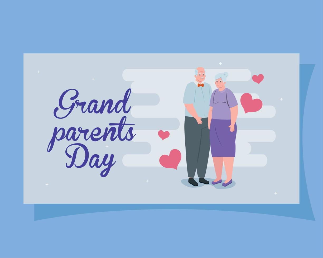 happy grand parents day with cute older couple and hearts decoration vector