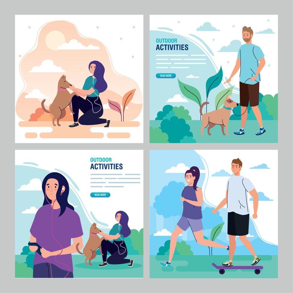 set of banners, young people performing leisure outdoor activities vector