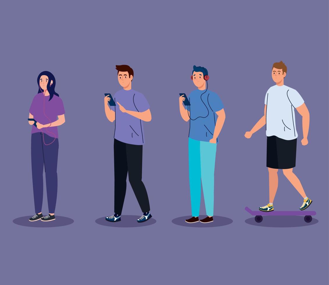 group people performing activities, using smartphone and playing skateboard vector