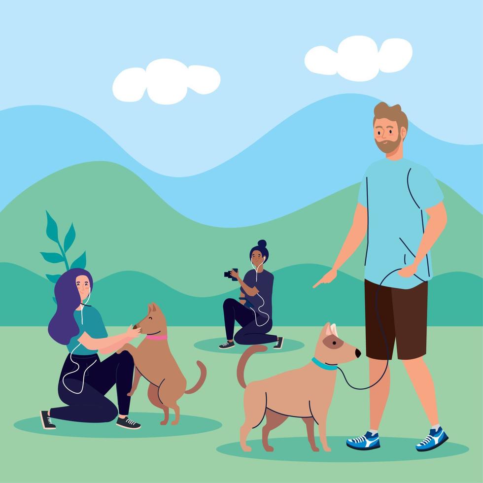 group people performing outdoor activities, couple on a walk with a dogs and photographer woman vector