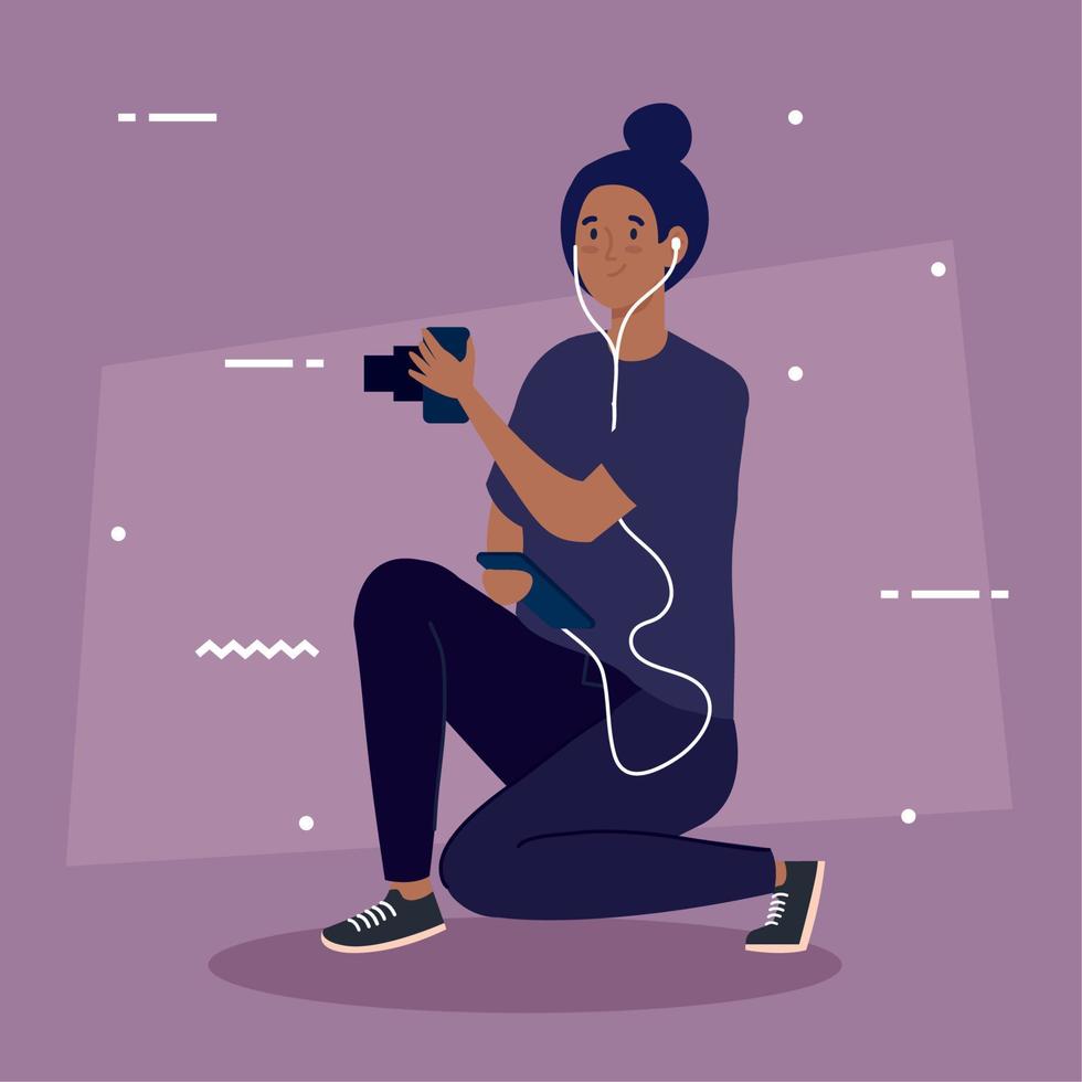 young photographer woman taking a photo on purple background vector