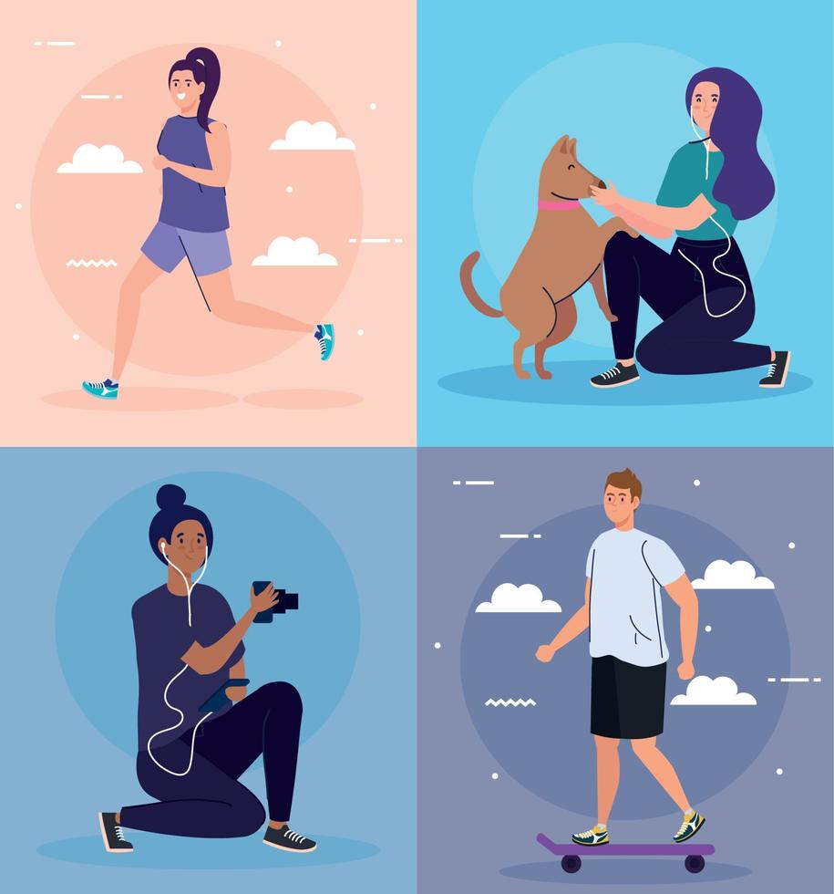 set scenes, young people performing leisure outdoor activities vector