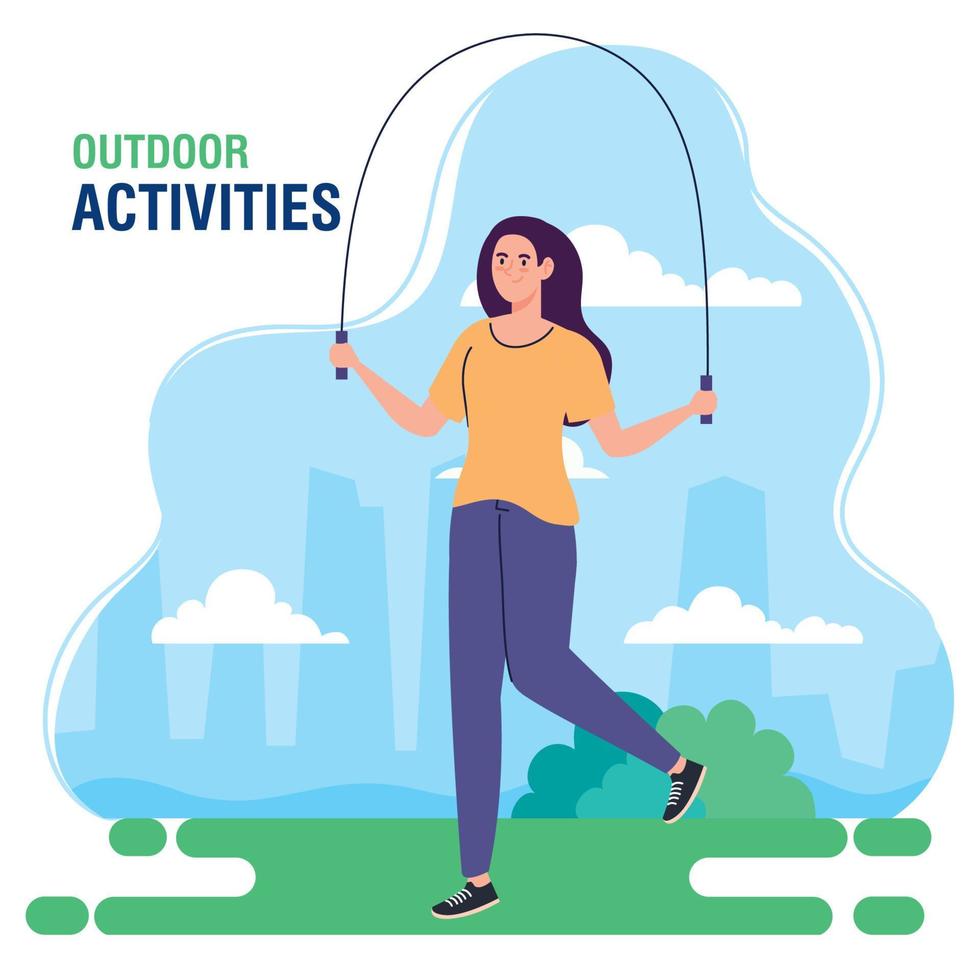 banner, woman performing leisure outdoor activities, woman jumping rope vector