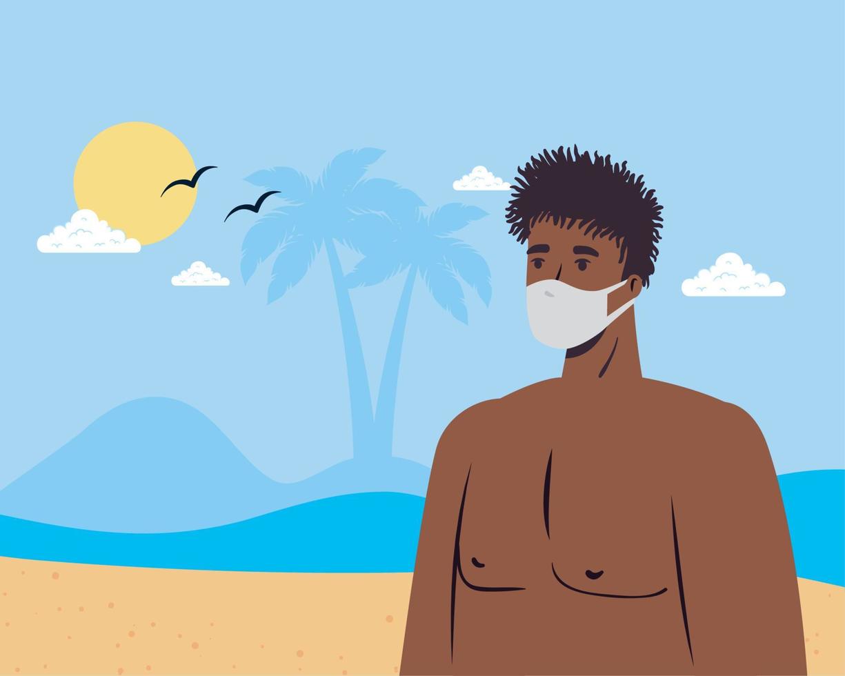 Man cartoon with medical mask at the beach vector design