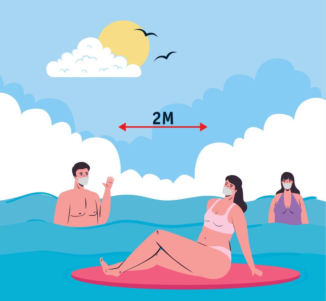 Social distancing between boy and girls with medical masks at the sea vector design