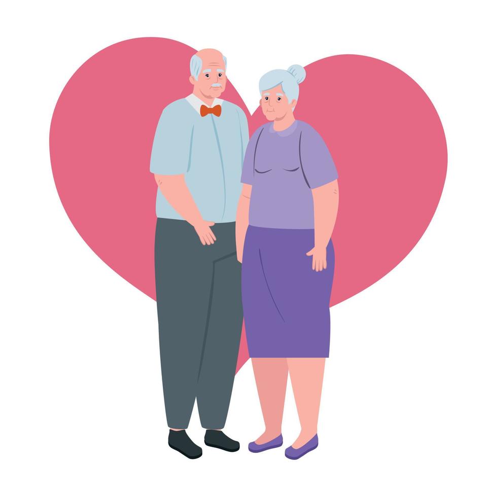 elderly couple standing , old woman and old man standing with heart background vector