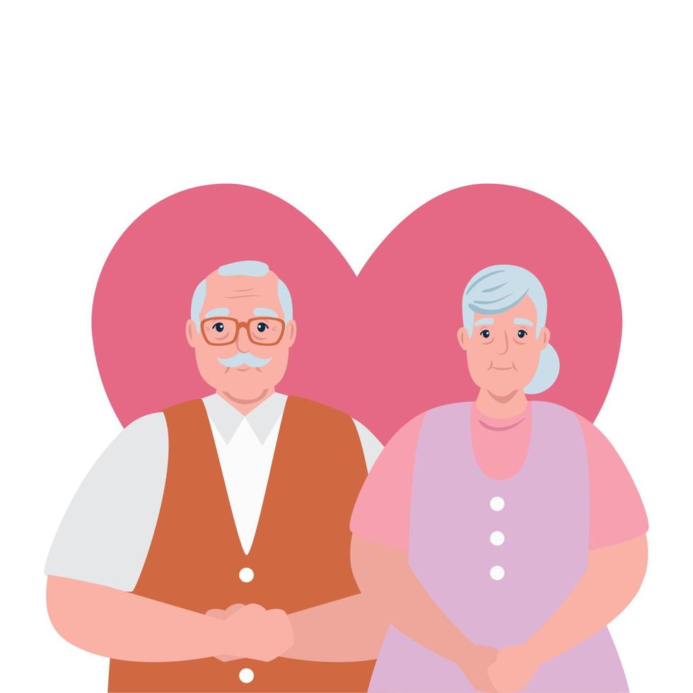 elderly couple smiling, old woman and old man with heart background vector