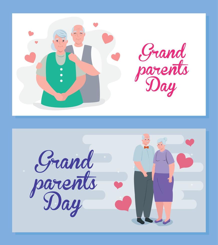 set cards of happy grand parents day with cute old people vector