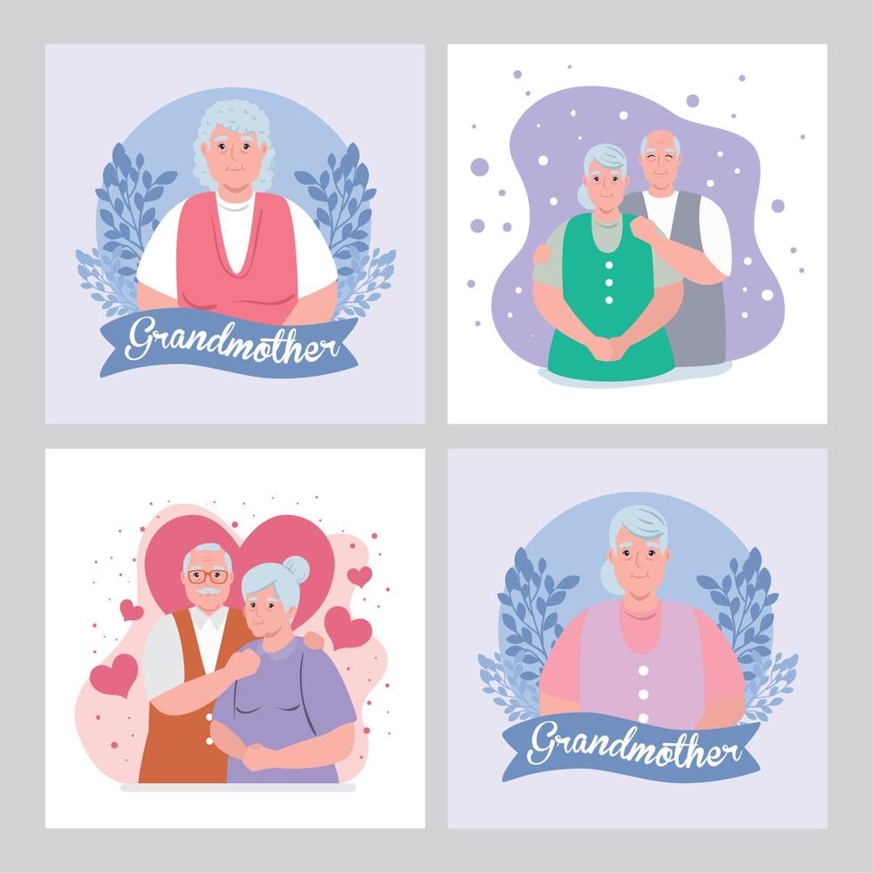 establecer tarjetas de feliz día de los abuelos con lindos ancianos vector