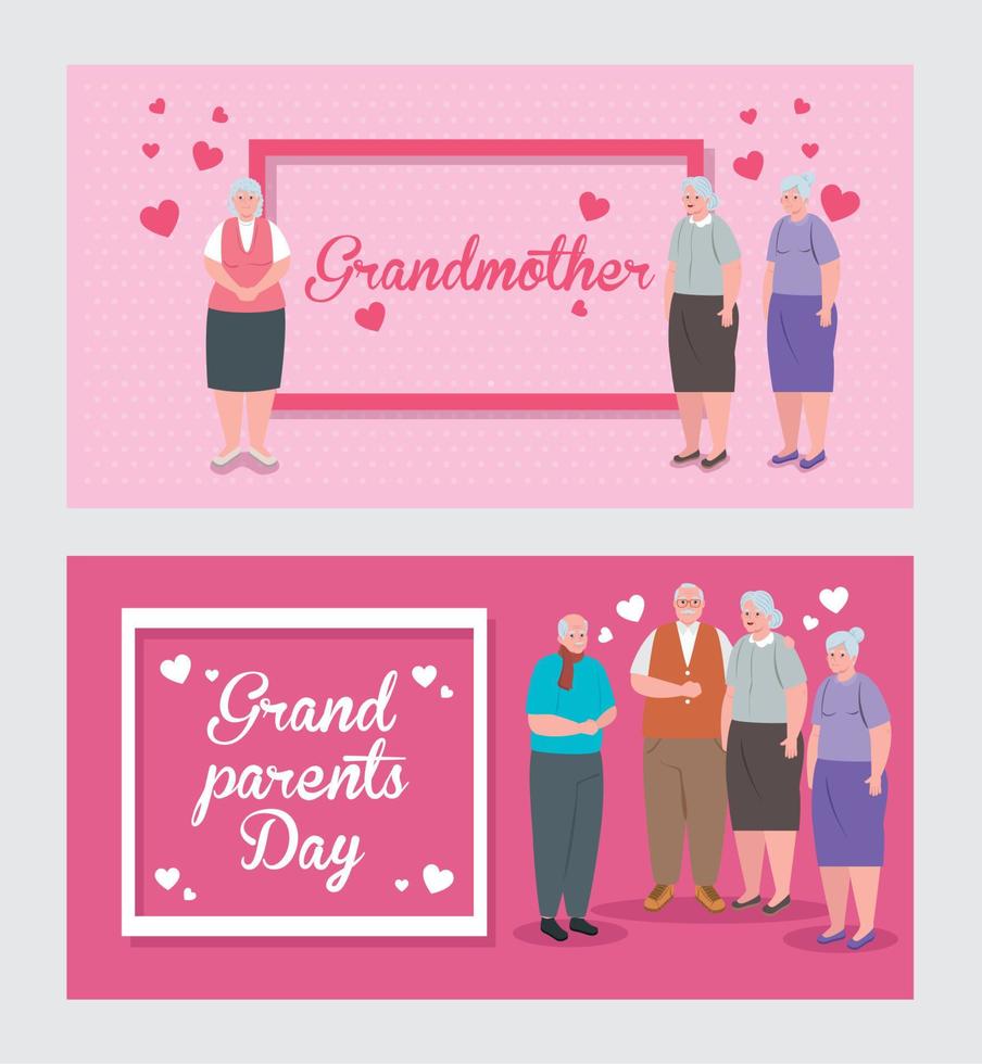 set cards of happy grand parents day with cute old people vector
