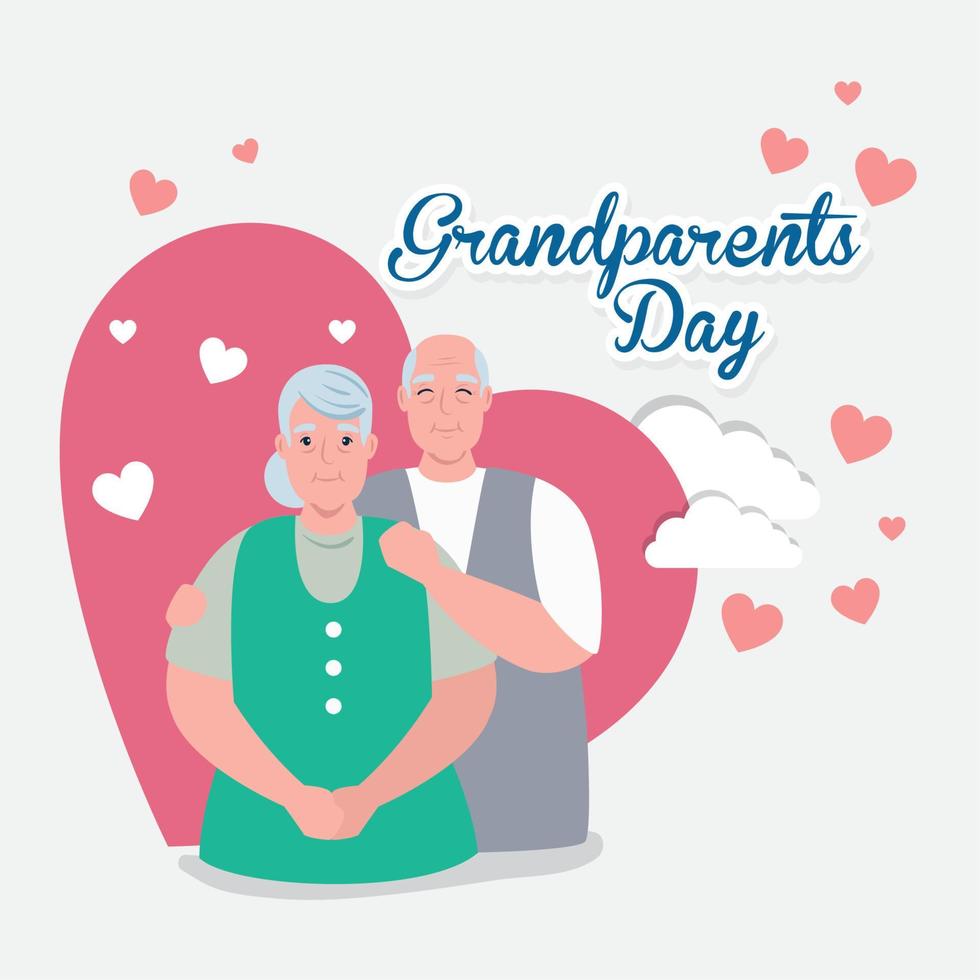 happy grand parents day with cute older couple and hearts decoration vector