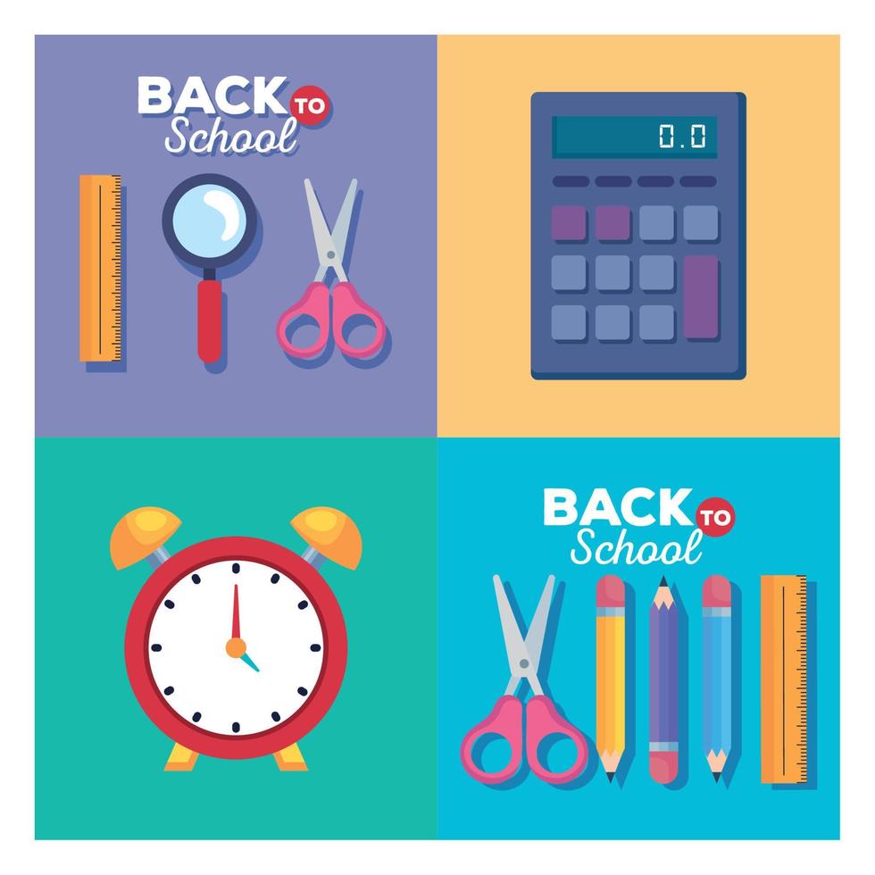 ruler lupe scsissor calculator clock and pencils vector design