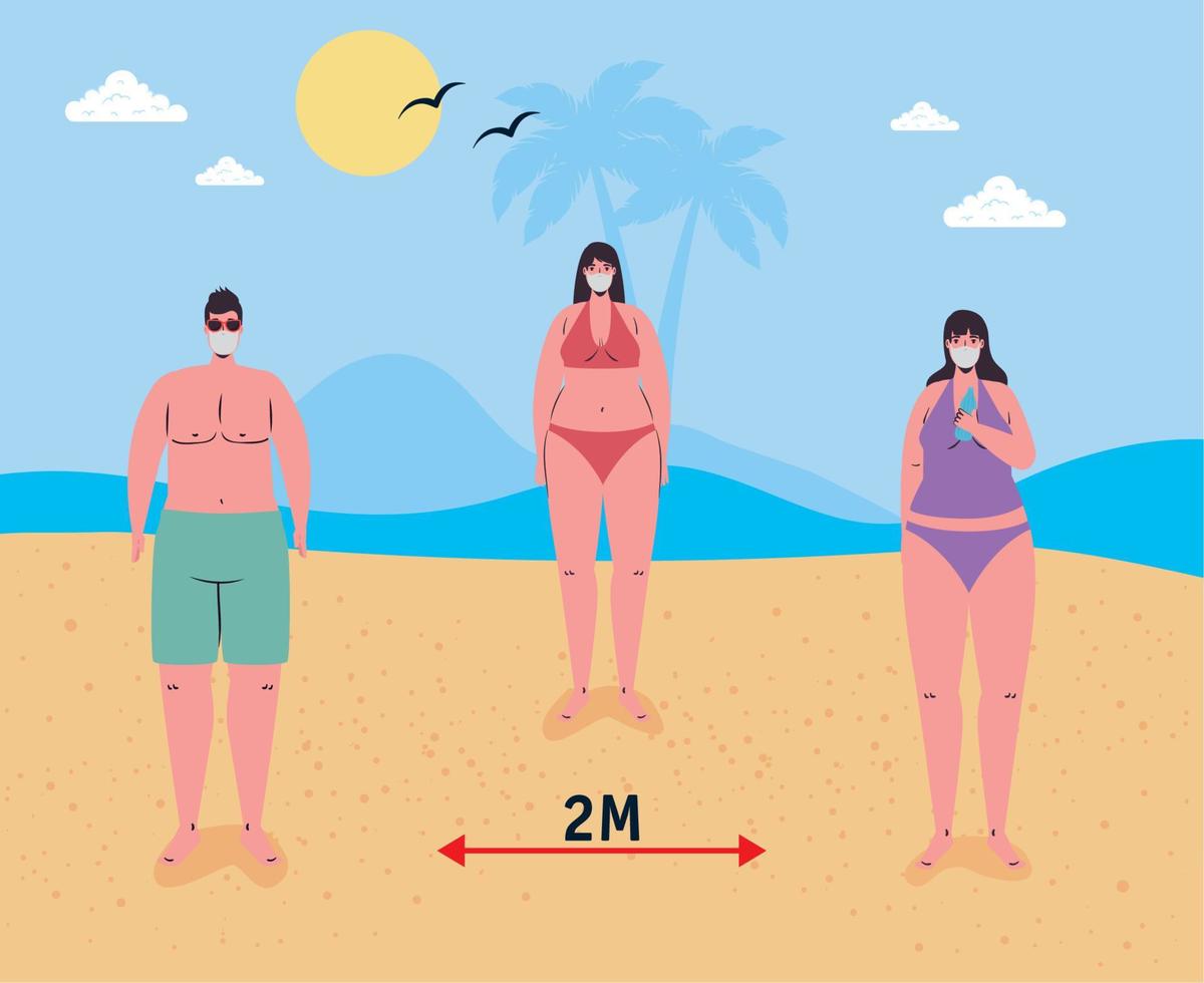 Social distancing between boy and girls with medical masks at the beach vector design