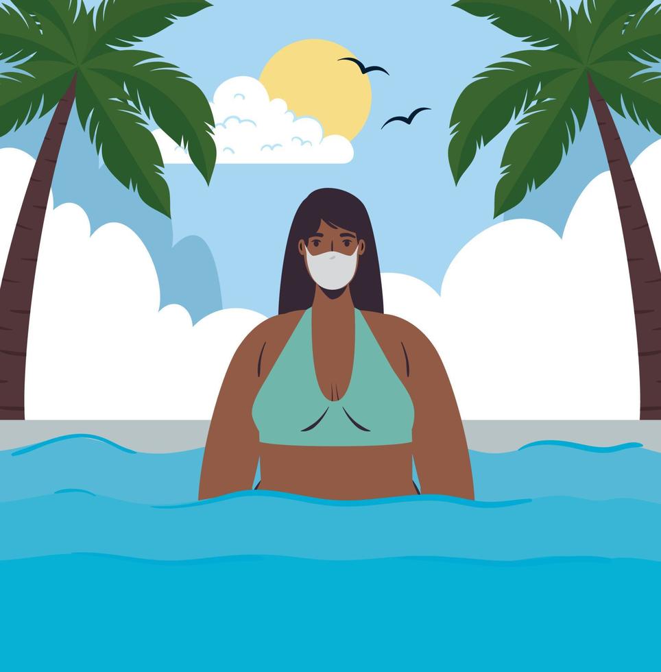 Girl cartoon with bikini and medical mask at the sea vector design