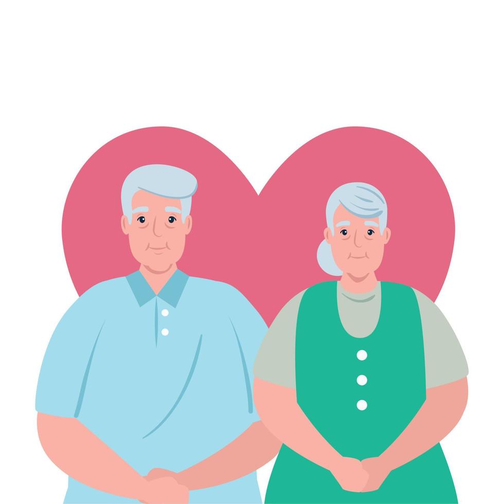 elderly couple smiling, old woman and old man with heart background vector