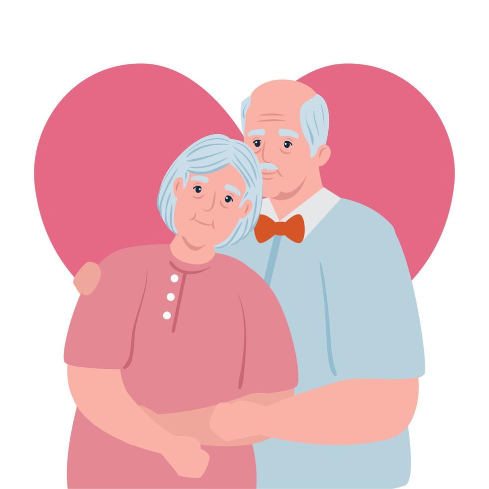 elderly couple smiling, old woman and old man with heart background vector