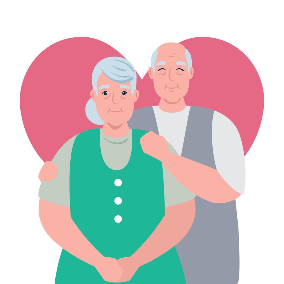 elderly couple smiling, old woman and old man with heart background vector